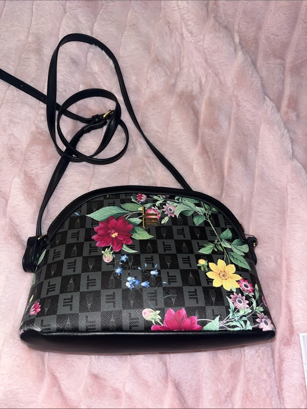 Floral Accent Black Crossbody Bag